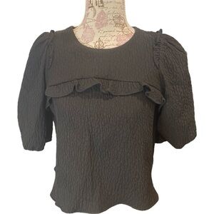 Zara Black Textured Puff Sleeve Top with Pearl Rhinestone Buttons Size Medium